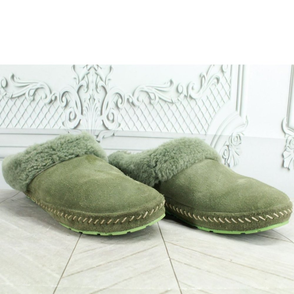 LL Bean Squam Lake Green Suede Wicked Good Shearling Lined Slippers Size 8 M - Picture 3 of 9